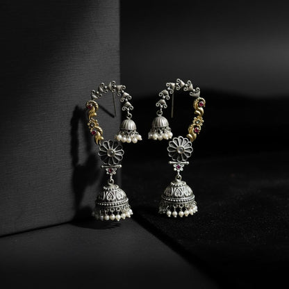 Oxidised German Silver Floral Hoop Jhumka Earrings with Pearl Drops