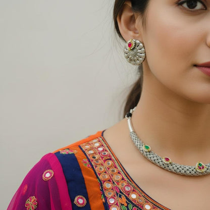 Oxidised German Silver Minimal Choker Necklace Set with Red & Green Stones