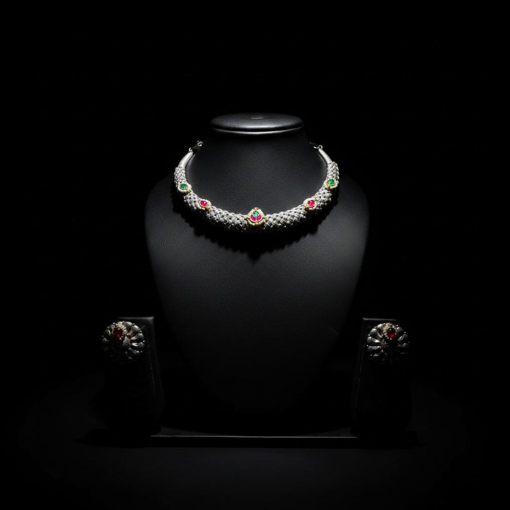 Oxidised German Silver Minimal Choker Necklace Set with Red & Green Stones
