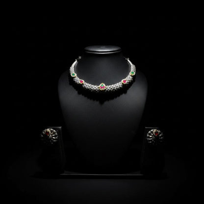 Oxidised German Silver Minimal Choker Necklace Set with Red & Green Stones