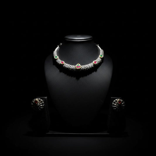 Oxidised German Silver Minimal Choker Necklace Set with Red & Green Stones