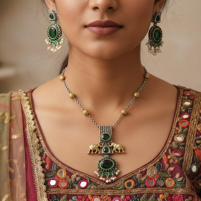 Oxidised German Silver Elephant Pendant Necklace Set