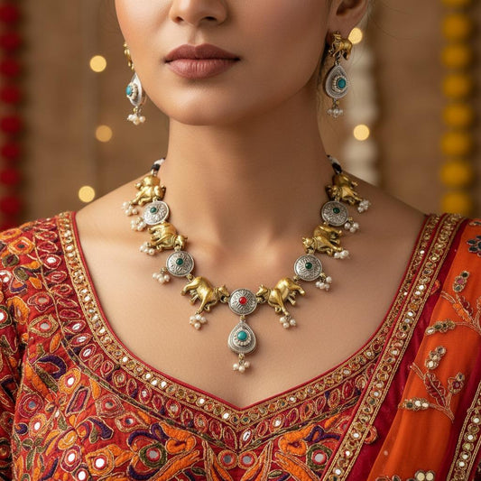Oxidised German Silver Cow Motif Necklace Set with Multicolor Stones
