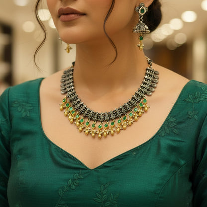 German Silver Green Stone Necklace Set for Women | Lady Zone