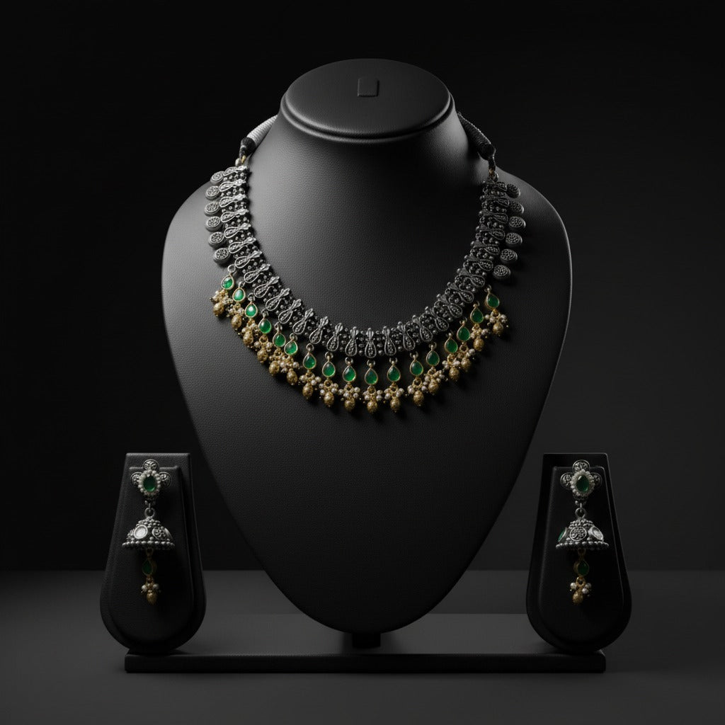 German Silver Green Stone Necklace Set for Women | Lady Zone