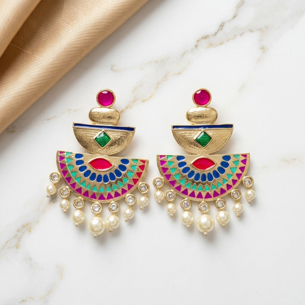 Royal Enamel Mother of Pearl Gold Dangler Earrings