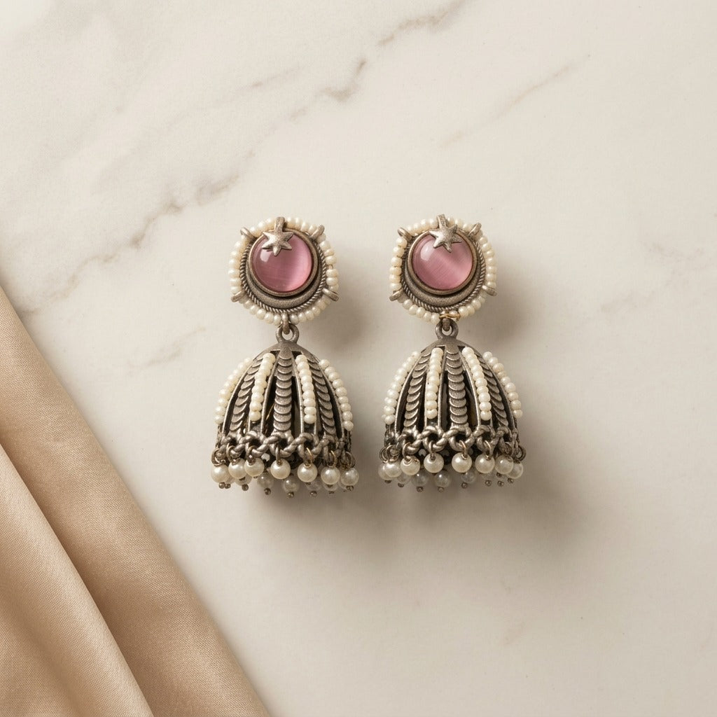German Silver Moon Star Pearl Jhumka Earrings for Women | Lady Zone