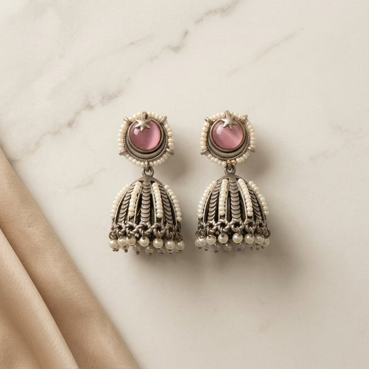 German Silver Moon Star Pearl Jhumka Earrings for Women | Lady Zone
