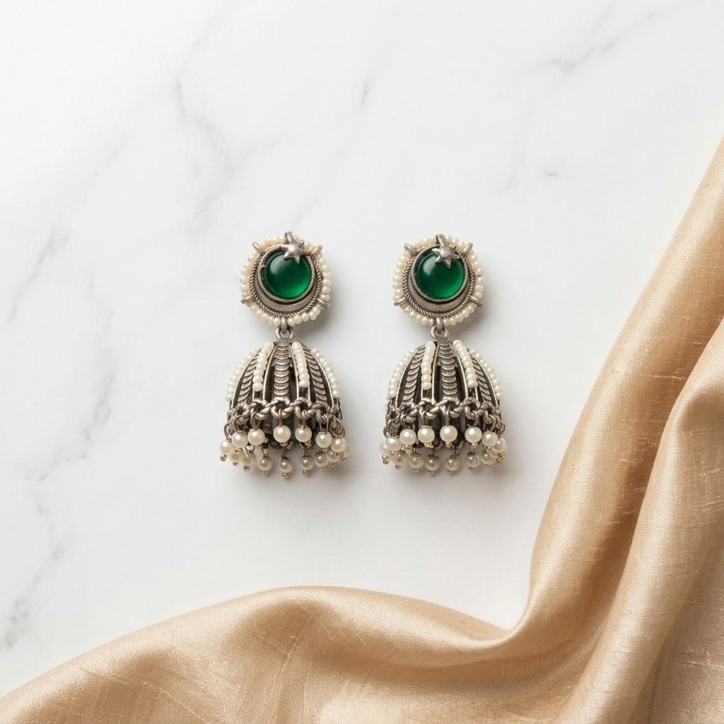 German Silver Moon Star Pearl Jhumka Earrings for Women | Lady Zone