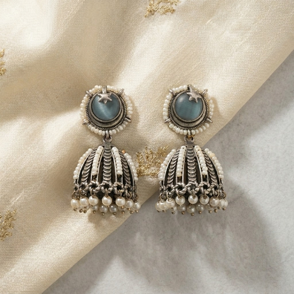 German Silver Moon Star Pearl Jhumka Earrings for Women | Lady Zone