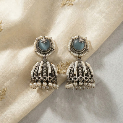 German Silver Moon Star Pearl Jhumka Earrings for Women | Lady Zone