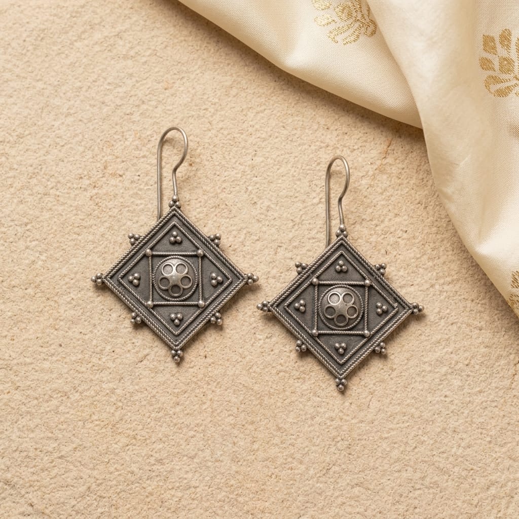 German Silver Geometric Tribal Pattern Earrings for Women | Lady Zone