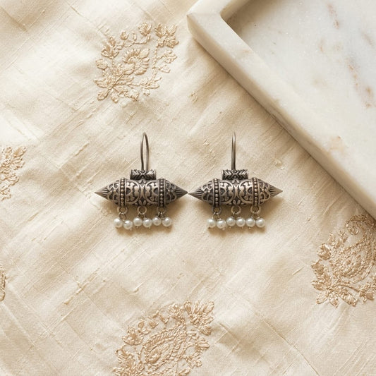 German Silver Tribal Barrel Pearl Drop Earrings for Women | Lady Zone