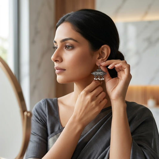 German Silver Tribal Barrel Pearl Drop Earrings for Women | Lady Zone