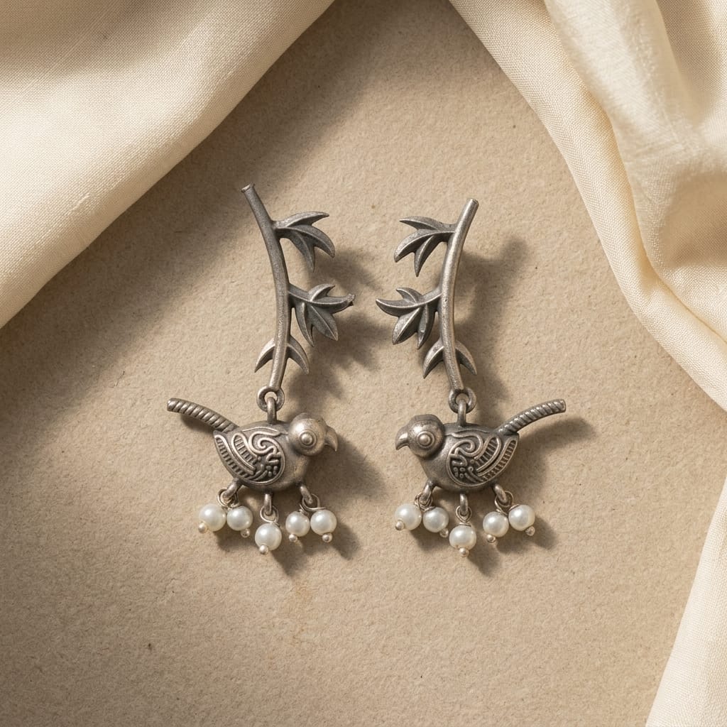 German Silver Bird & Leaf Pearl Drop Statement Earrings for Women | Lady Zone