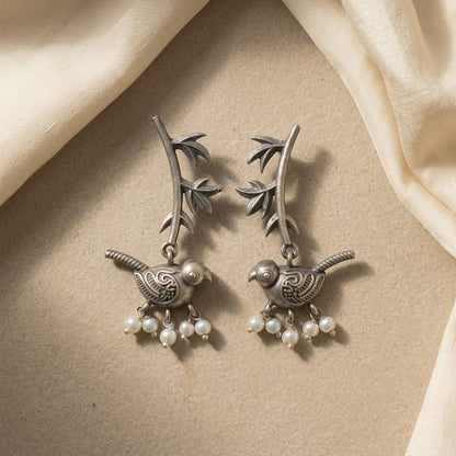 German Silver Bird & Leaf Pearl Drop Statement Earrings for Women | Lady Zone