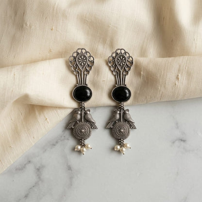 German Silver Twin Bird Pearl Drop Long Earrings for Women | Lady Zone