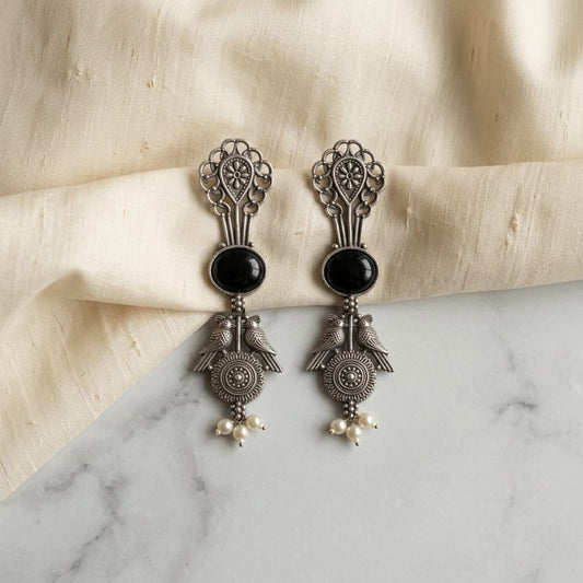 German Silver Twin Bird Pearl Drop Long Earrings for Women | Lady Zone