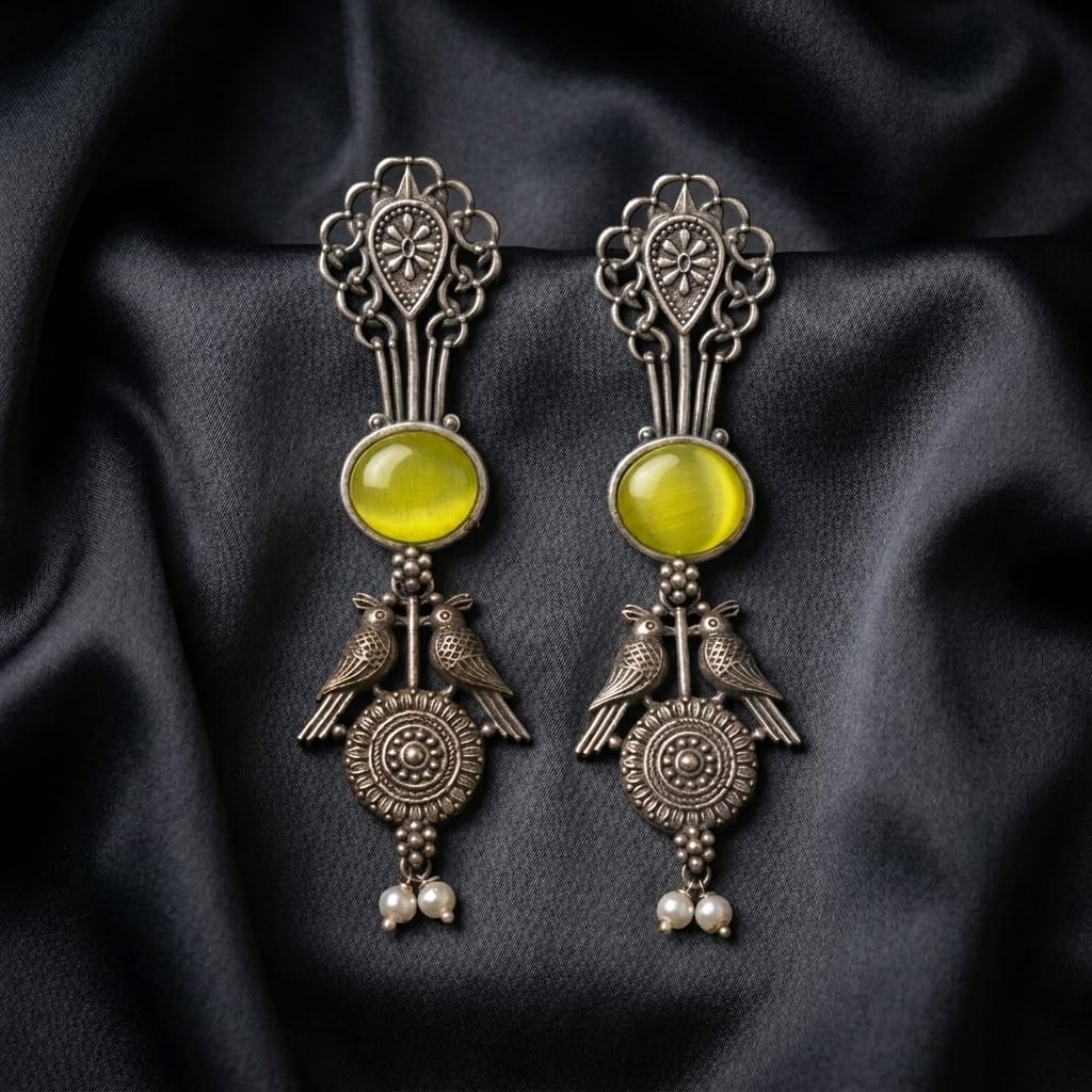 German Silver Twin Bird Pearl Drop Long Earrings for Women | Lady Zone