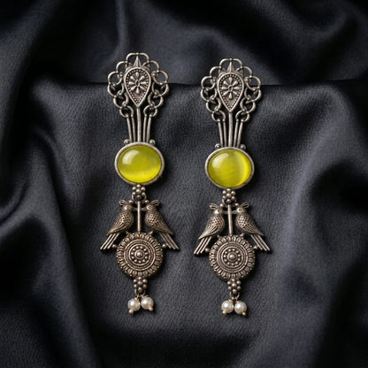 German Silver Twin Bird Pearl Drop Long Earrings for Women | Lady Zone