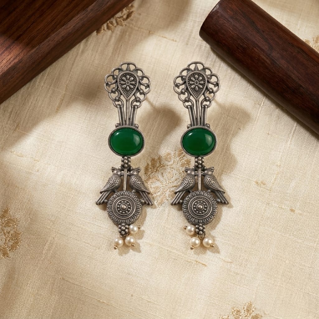 German Silver Twin Bird Pearl Drop Long Earrings for Women | Lady Zone