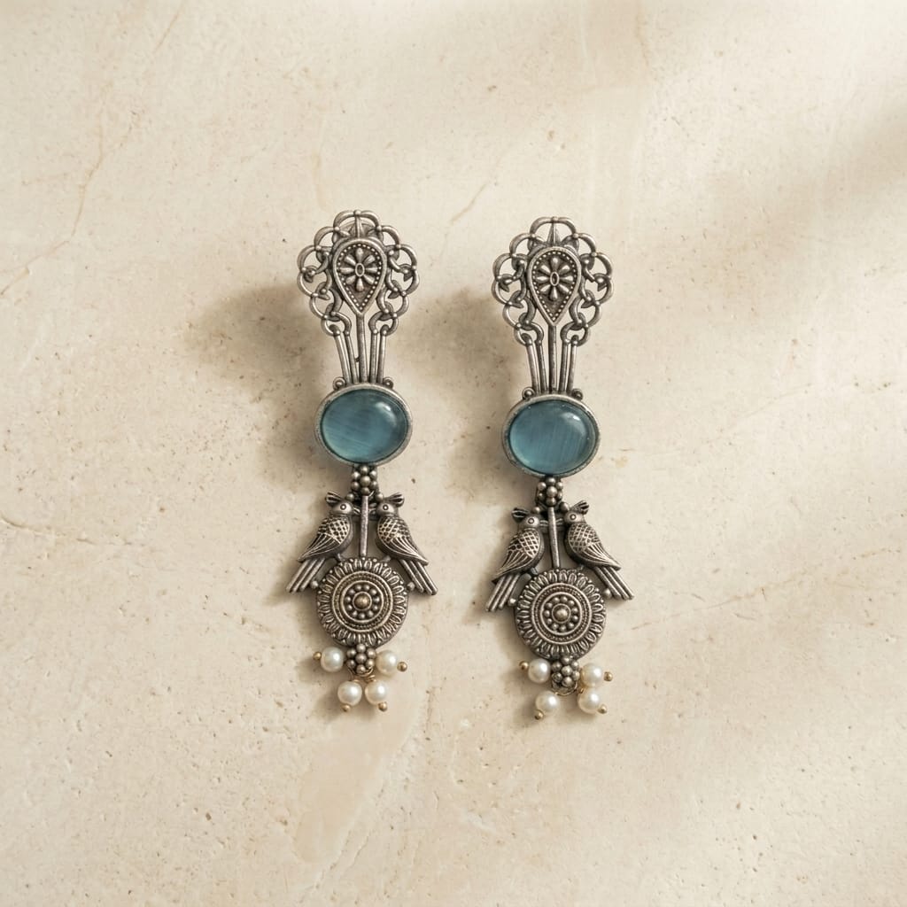 German Silver Twin Bird Pearl Drop Long Earrings for Women | Lady Zone