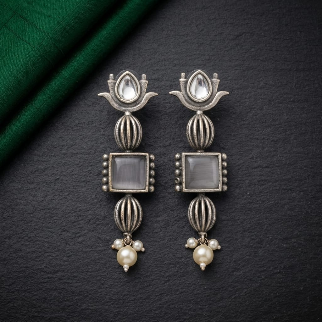 German Silver Stone Pearl Drop Long Earrings for Women | Lady Zone