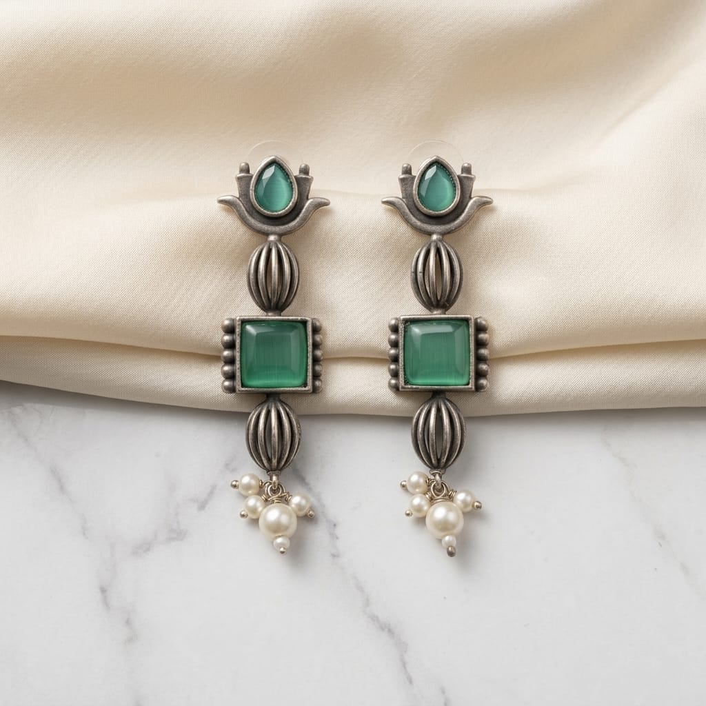German Silver Stone Pearl Drop Long Earrings for Women | Lady Zone
