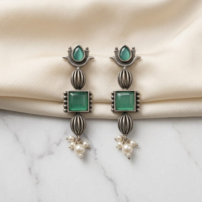 German Silver Stone Pearl Drop Long Earrings for Women | Lady Zone