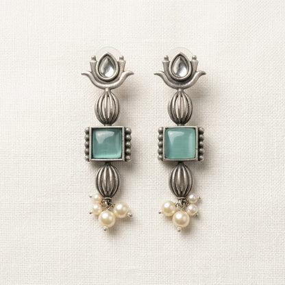 German Silver Stone Pearl Drop Long Earrings for Women | Lady Zone