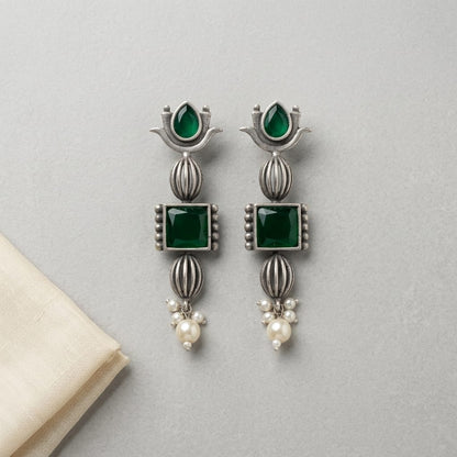 German Silver Stone Pearl Drop Long Earrings for Women | Lady Zone