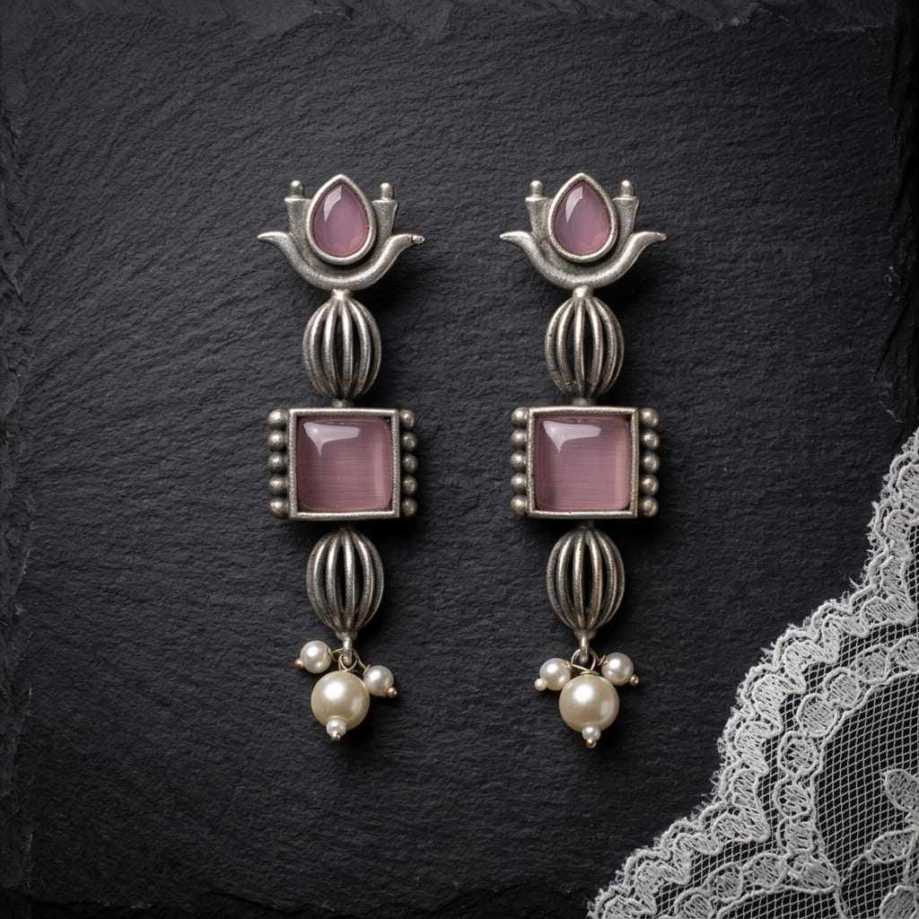 German Silver Stone Pearl Drop Long Earrings for Women | Lady Zone
