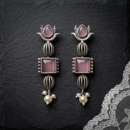 German Silver Stone Pearl Drop Long Earrings for Women | Lady Zone