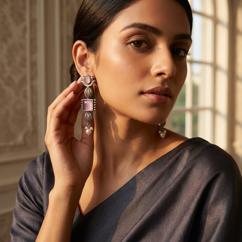 German Silver Stone Pearl Drop Long Earrings for Women | Lady Zone