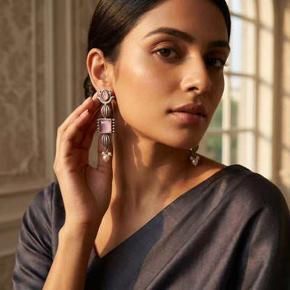German Silver Stone Pearl Drop Long Earrings for Women | Lady Zone