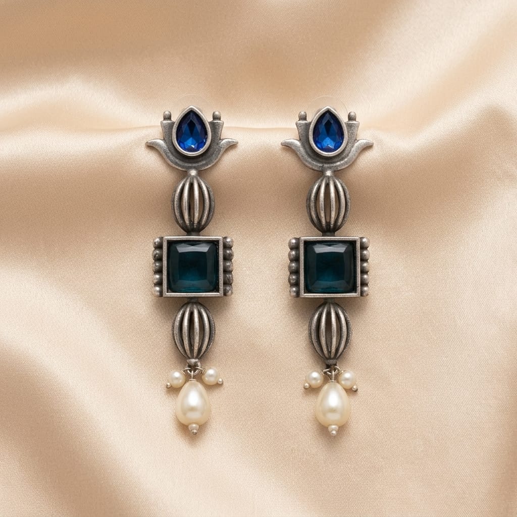 German Silver Stone Pearl Drop Long Earrings for Women | Lady Zone