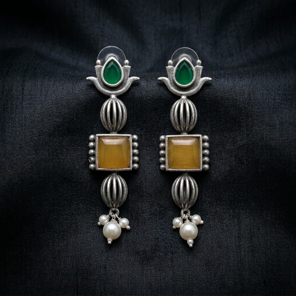 German Silver Stone Pearl Drop Long Earrings for Women | Lady Zone