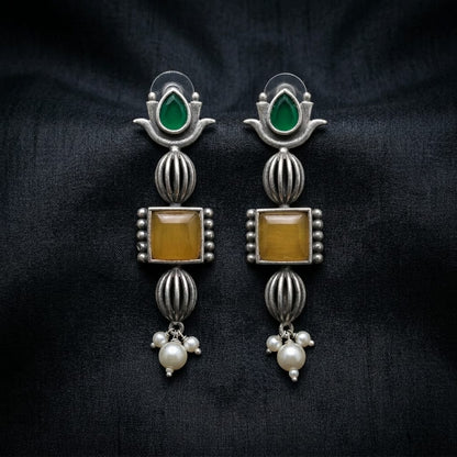 German Silver Stone Pearl Drop Long Earrings for Women | Lady Zone
