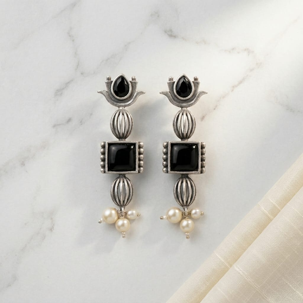 German Silver Stone Pearl Drop Long Earrings for Women | Lady Zone