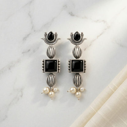German Silver Stone Pearl Drop Long Earrings for Women | Lady Zone