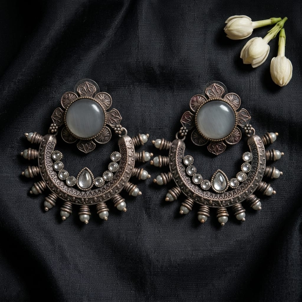 Oxidised Crescent Chandbali Earrings with Stone Detailing | Lady Zone