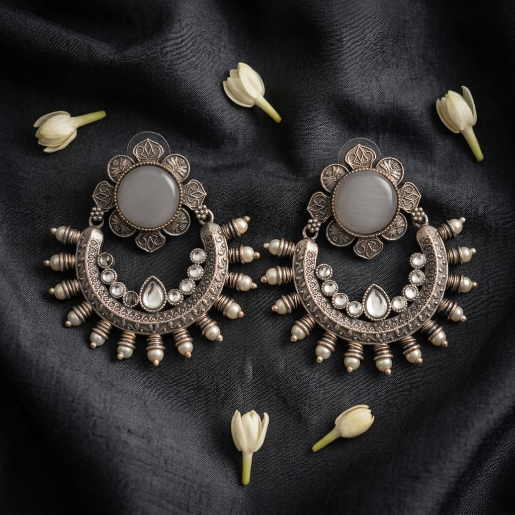 Oxidised Crescent Chandbali Earrings with Stone Detailing | Lady Zone