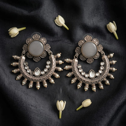 Oxidised Crescent Chandbali Earrings with Stone Detailing | Lady Zone