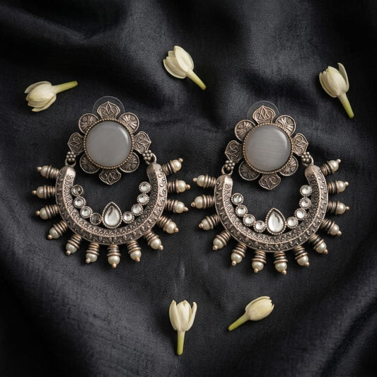 Oxidised Crescent Chandbali Earrings with Stone Detailing | Lady Zone
