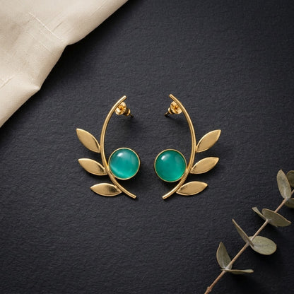 Gold Finish Green Stone Leaf Statement Earrings for Women | Lady Zone