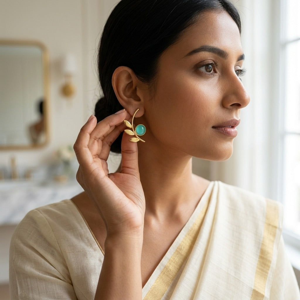 Gold Finish Green Stone Leaf Statement Earrings for Women | Lady Zone