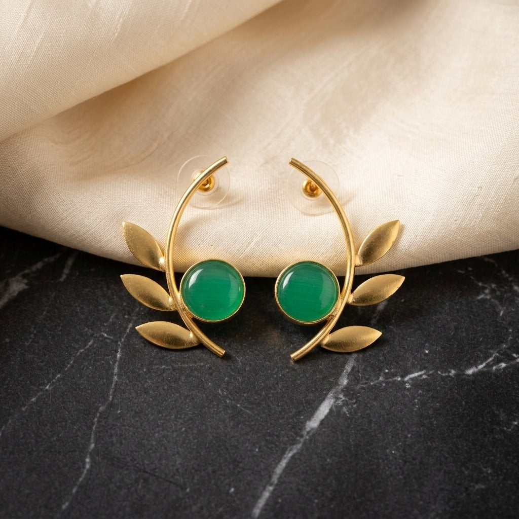 Gold Finish Green Stone Leaf Statement Earrings for Women | Lady Zone