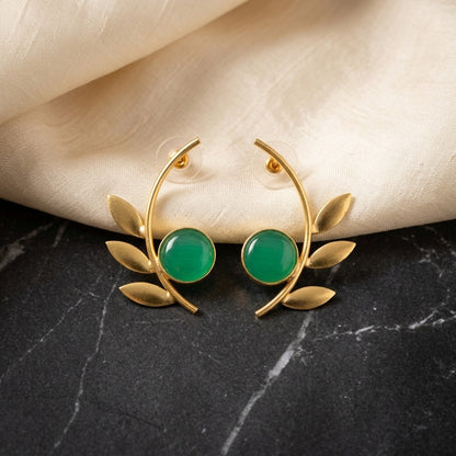Gold Finish Green Stone Leaf Statement Earrings for Women | Lady Zone