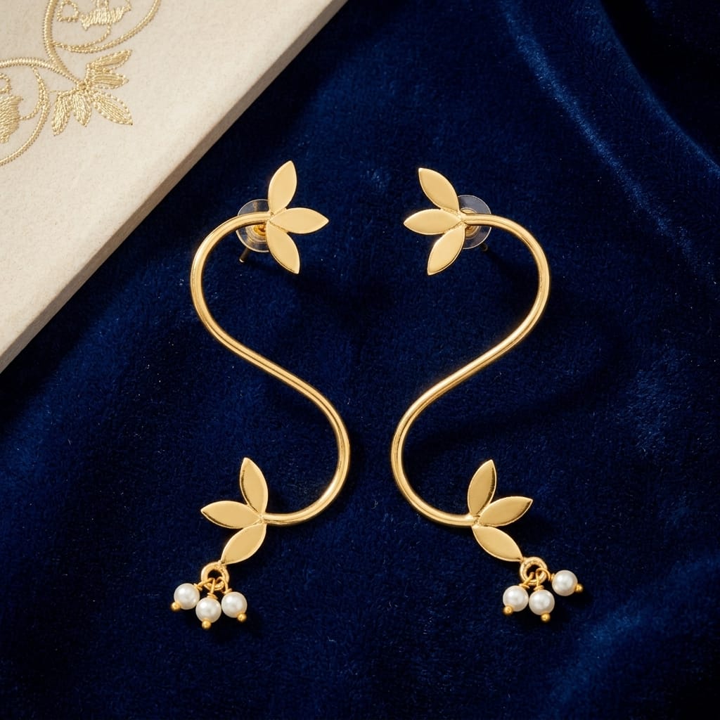 Gold Finish Floral Pearl Drop Statement Earrings for Women | Lady Zone