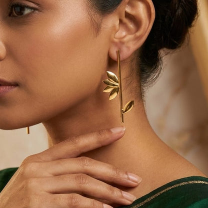 Minimal Gold Leaf Line Statement Earrings for Women | Lady Zone
